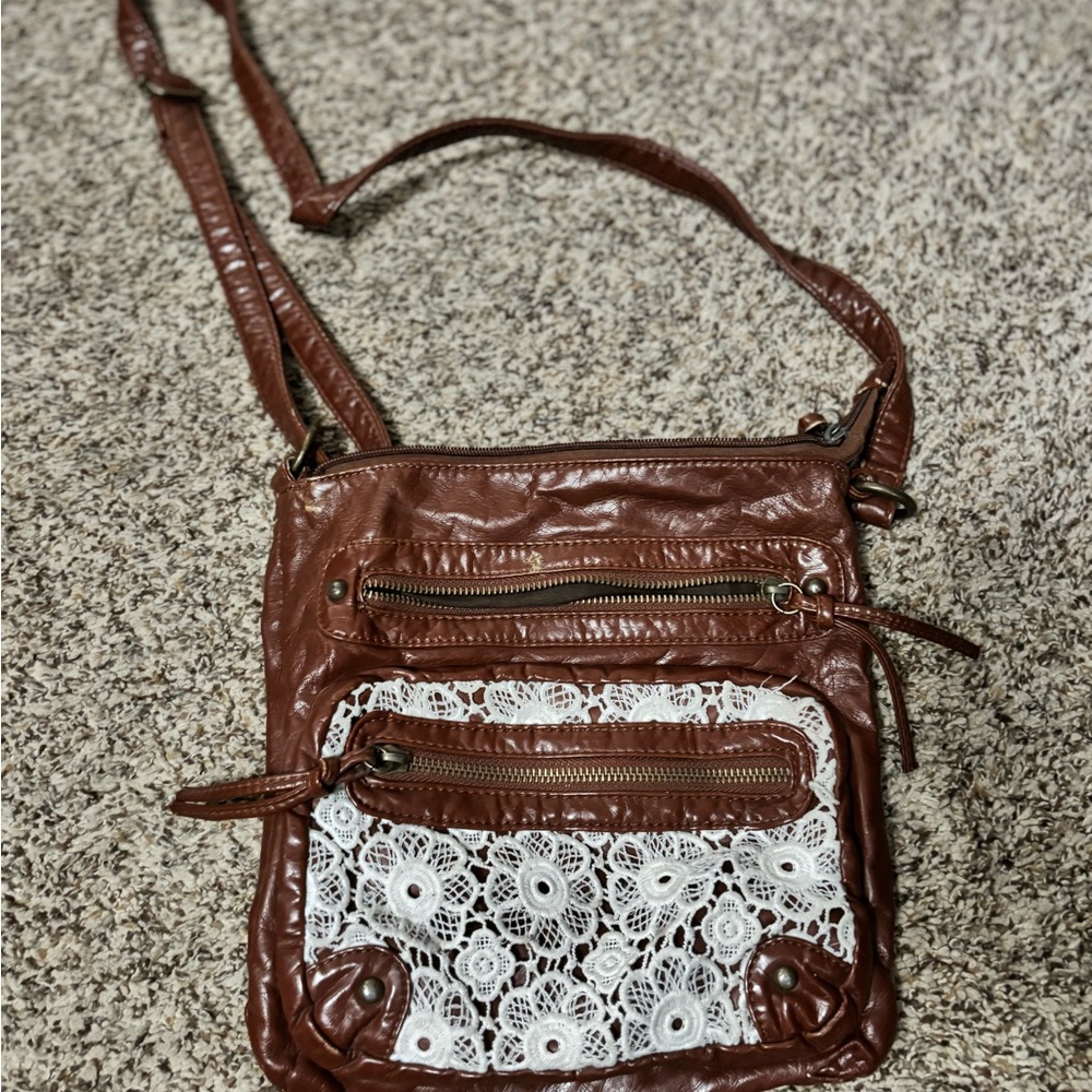 Elegant Brown and White Lace Crossbody Bag